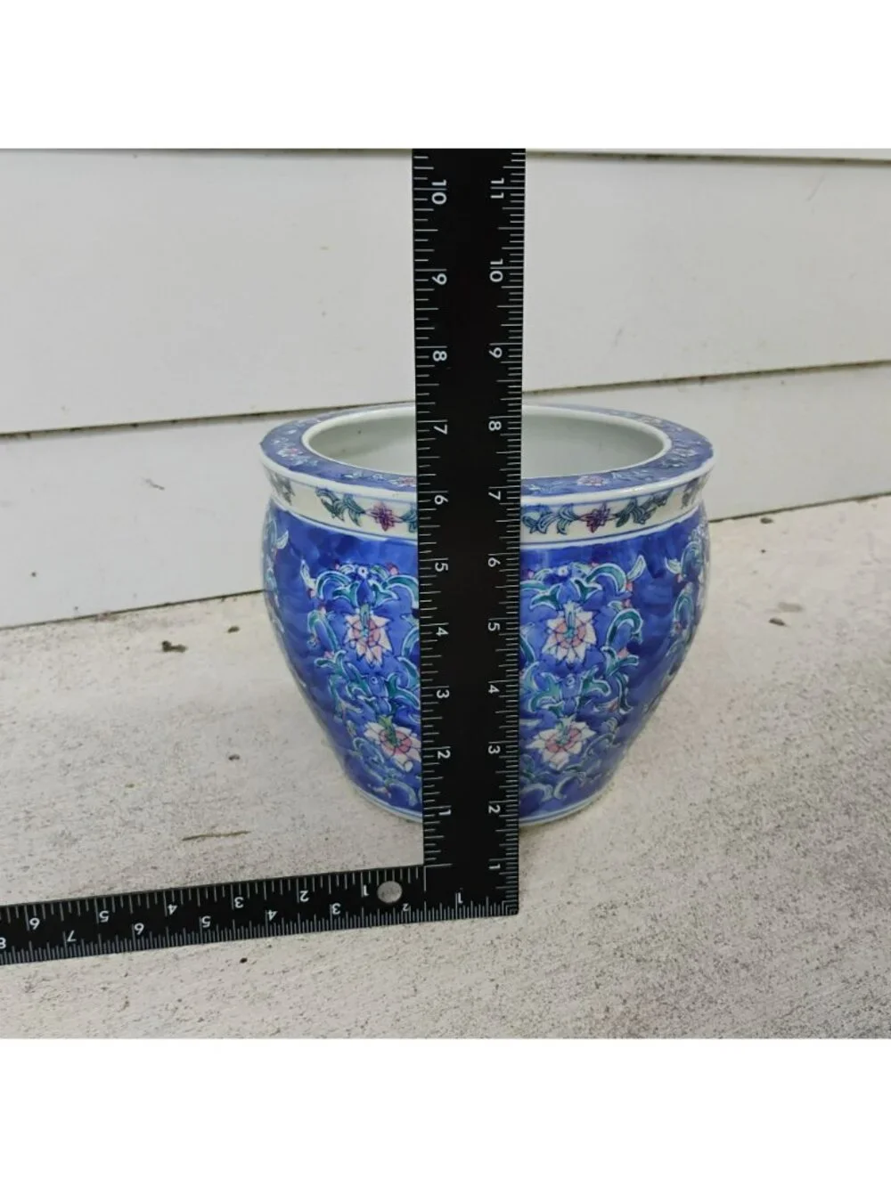 Vintage Chinese Blue & White Porcelain Fishbowl Planter 8” Chinoiserie Cachepot